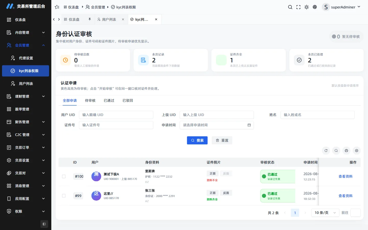 KYC review: ID details with approve/reject