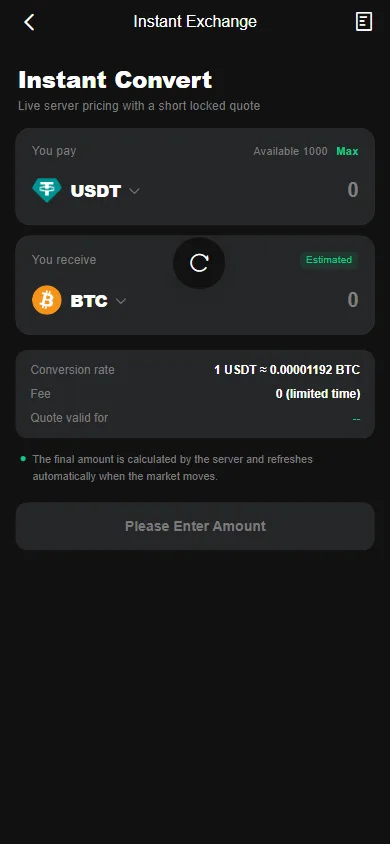 Instant exchange: pay/receive with live quote