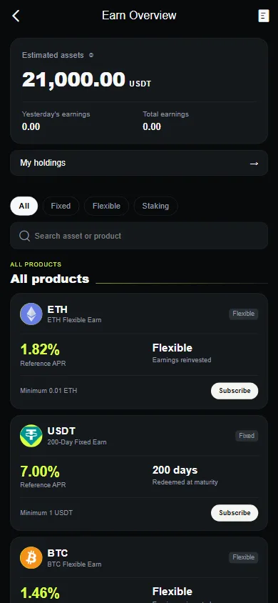 Earn: flexible, fixed and staking products