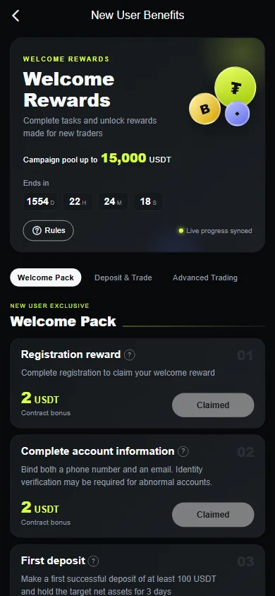 Newcomer rewards: task progress and unlocks