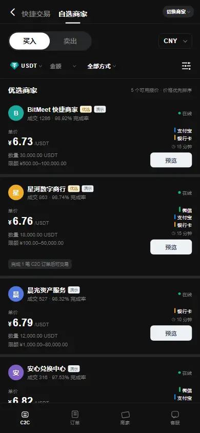 C2C 快捷买币：商家单价、限额与完成率